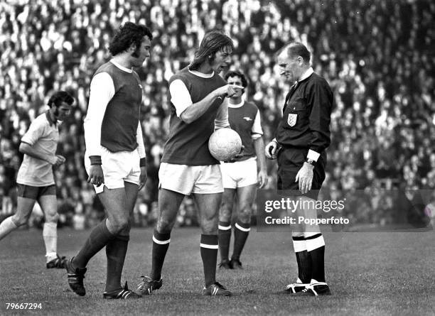 Football, 30th September 1972, Highbury, London, Arsenal 1 v Southampton 0, Arsenal+s Charlie George shows dissent as he points animatedly at the...