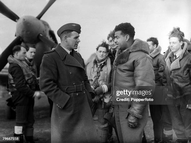 World War Two, London, England, 8th December Boston bomber crews leaving their machines at their operational station after their return from an air...