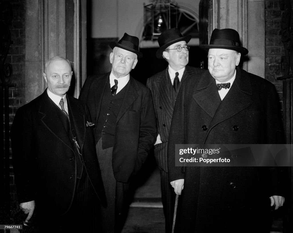 World War II, London, England, 10th February, 1942, British Prime Minister Winston Churchill (right) stands with L-R: Dutch prime Minister P,S, Gerbrandy, New Zealand representative W,J, Jordan and Dutch acting Foreign Minister Jonkheer Van Verduyen after