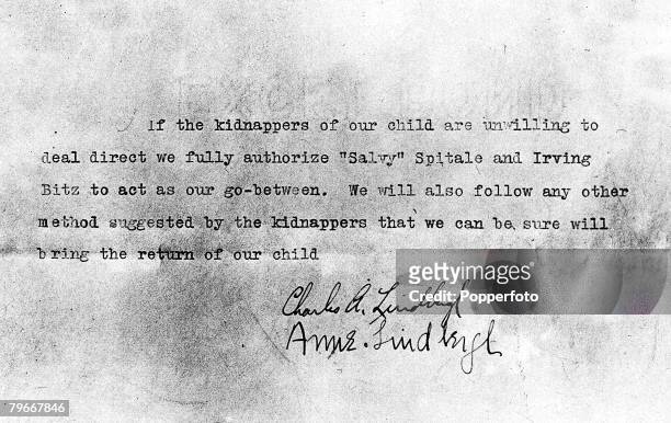 15th March The document signed by famous American aviator Charles Lindbergh and his wife authorising gangsters Irving Bitz and Salvy Spitale to...