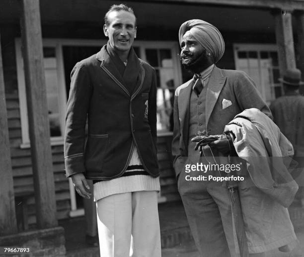England cricket captain Douglas Jardine chats with Jogendra Singh prior to the match between Mr Gilbert Scott's XI and the touring team from India,...