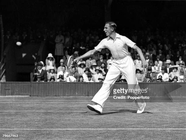 London, England, British tennis player Fred Perry in action during match at the Wimbledon Championships in the 1930's