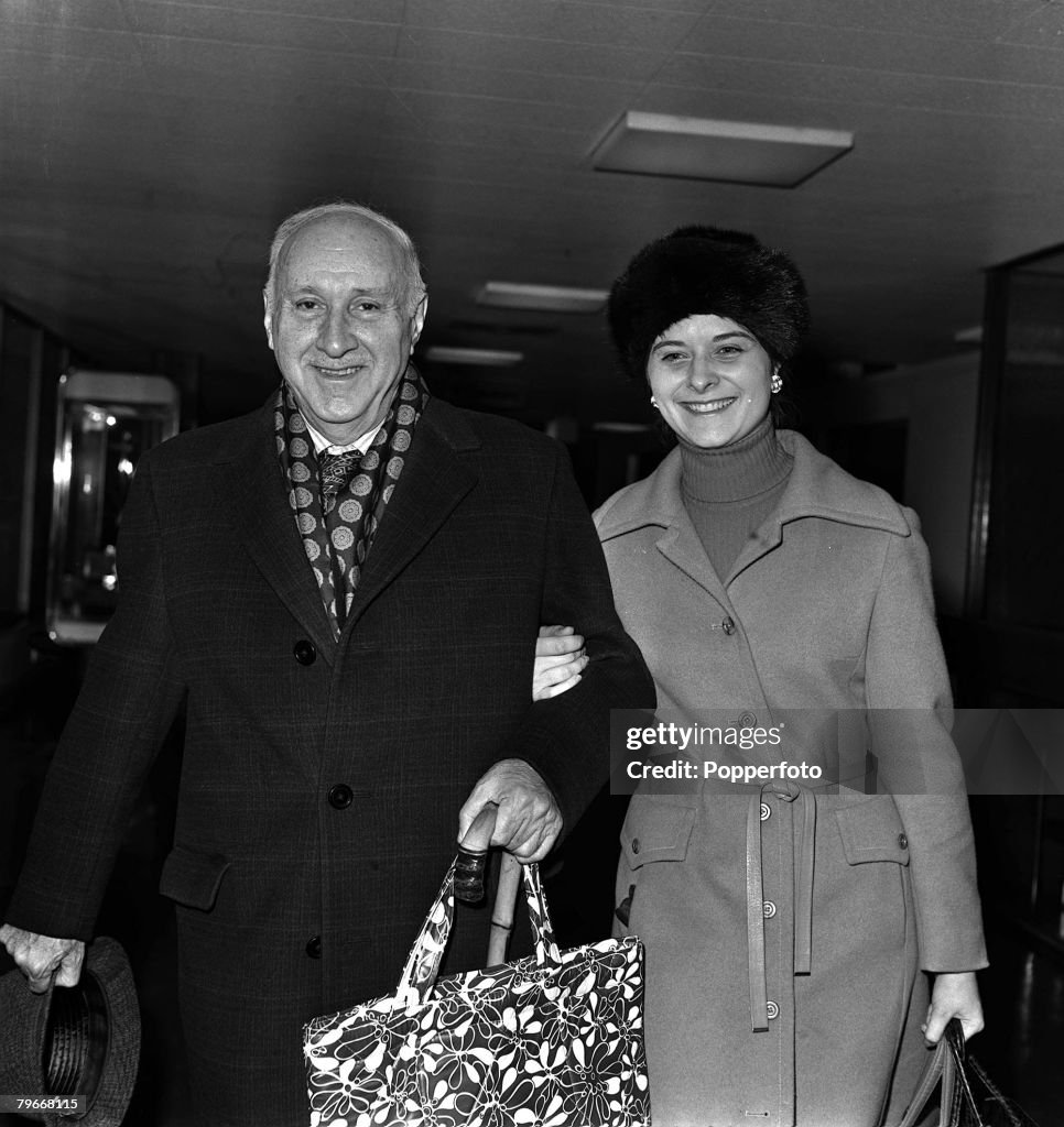 November 20th, 1972, Music, Russian born composer Dimitri Tiomkin aged 73, with his new wife Olivier aged 27, leave London Airport for their honeymoon