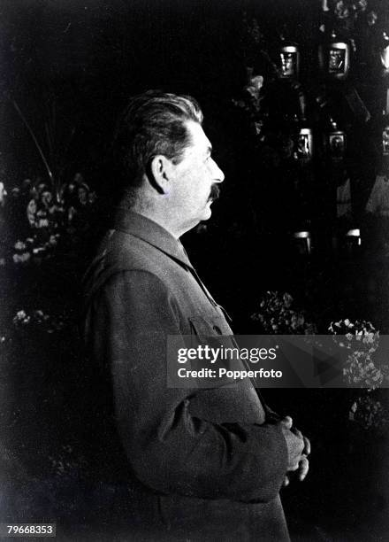 22nd, May Josef Stalin, Russian dictator, pays tribute to the victims of the Maxim Gorki plane crash, in Moscow