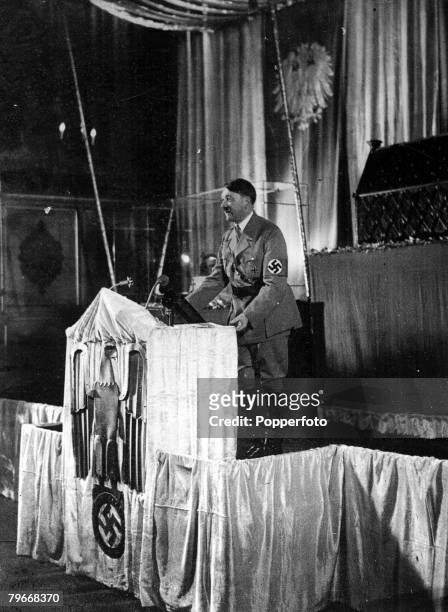 Nuremberg, Germany, 5th September German dictator and Nazi leader Adolf Hitler speaking to a crowd as he opens the congress of his party in the Town...