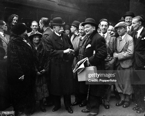 Football, London, England, 8th December Football Association secretary Sir Frederick Wall shakes hands with Austrian FA member Herr Meisl as the...