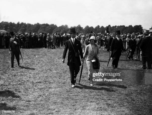 Epsom, England, June 1928, The Duke and Duchess of York photographed at Epsom for the Oaks Stakes horse race for three year old fillies