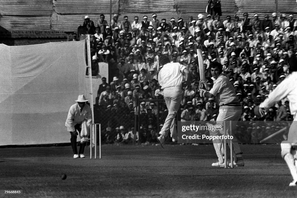 December 20th, 1972, England's Bob Cottam (centre) leaps with delight after bowling India's F,M, Engineer in the first day of the New Delhi first test match