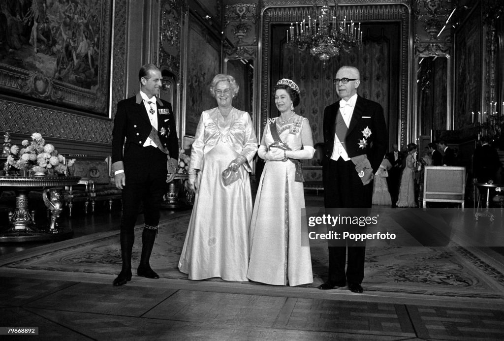 October 24th, 1972, Queen Elizabeth II and the Duke of Edinburgh pictured with the West German President Gustas Heinmann and his wife prior to a Windsor Castle state banquet in their honour