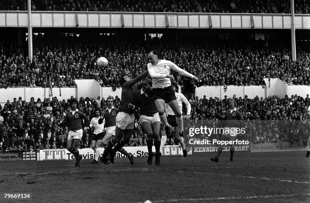 21st,April 1973, Sport, Football, Tottenham's Alan Gilzean heads past Leicester City's goalkeeper Peter Shilton to score for Spurs in their 1 - 1...