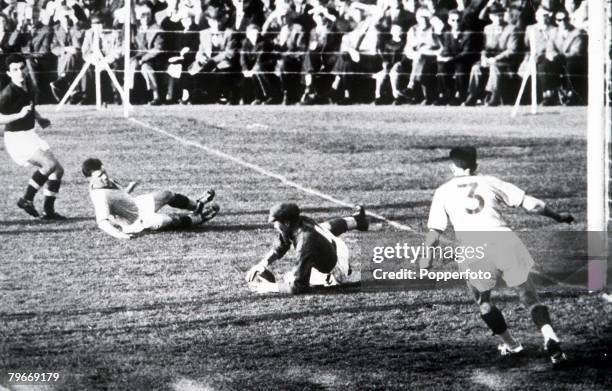 World Cup Finals, Sandviken, Sweden, 8th June Hungary 1 v Wales 0, Wales' goalkeeper Jack Kelsey saves a shot from Hungary's Sandor during their...