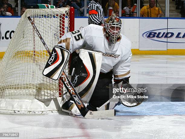 Jean-Sebastien Giguere of the Anaheim Ducks defends against the New York Islanders on February 5, 2008 at Nassau Coliseum in Uniondale, New York