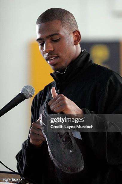 New Orleans Hornets Chris Paul teams with the Jordan Brand and donates the Jordan CP signature shoe to Sarah T. Reed High School and recognizes their...