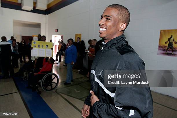 New Orleans Hornets Chris Paul teams with the Jordan Brand and donates the Jordan CP signature shoe to Sarah T. Reed High School and recognizes their...