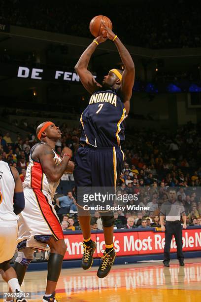 Jermaine O'Neal of the Indiana Pacers goes up for the shot during the NBA game against the Golden State Warriors on January 13, 2008 at Oracle Arena...