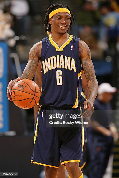 Marquis Daniels of the Indiana Pacers looks on with the ball during the NBA game against the Golden State Warriors on January 13, 2008 at Oracle...