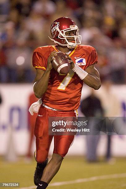 Iowa State Cyclones quarterback Bret Meyer looks downfield for a receiver during a 17 to 13 Iowa State win over the Miami University RedHawks on...