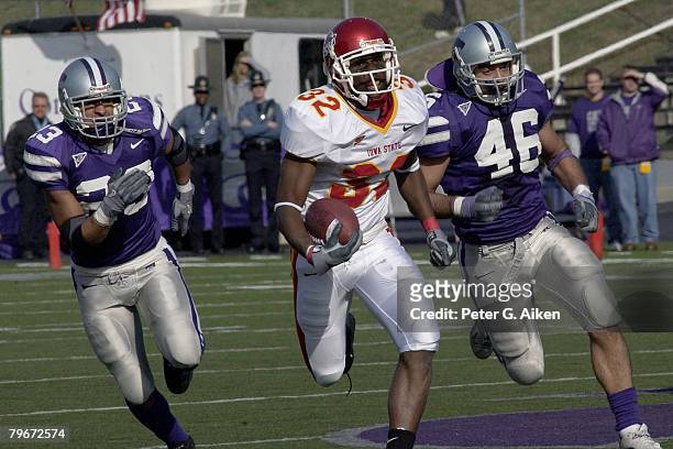 Iowa State wide receiver Milan Moses outruns K-State defenders Brandon Archer and Jesse Tetuan for 41-yards, down to the K-State 24-yard line, during...