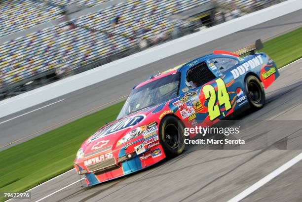 Jeff Gordon, driver of the DuPont Chevrolet, practices for the Budweiser Shootout at Daytona International Speedway on February 8, 2008 in Daytona,...