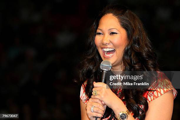 Kimora Lee Simmons speaks at the Market America Leadership School at the American Airlines Arena on February 8, 2008 in Miami, Florida.