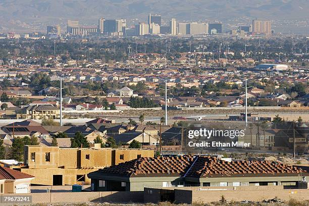 Downtown Las Vegas properties are seen behind residential neighborhoods February 8, 2008 in Las Vegas, Nevada. It was reported that the Las Vegas...