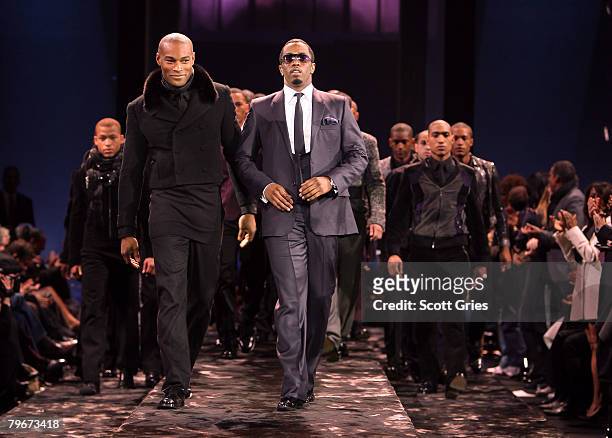 Rapper/designer Sean 'Diddy' Combs and model Tyson Beckford pose at the runway at the Sean John Fall 2008 fashion show during Mercedes-Benz Fashion...