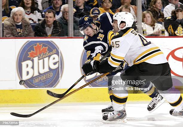 Thomas Vanek of the Buffalo Sabres shoots as Mark Stuart of the Boston Bruins defends on February 8, 2008 at HSBC Arena in Buffalo, New York.