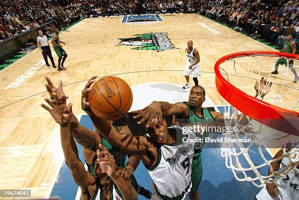 Craig Smith of the Minnesota Timberwolves goes up for a shot during the game against the Boston Celtics at the Target Center February 8, 2008 in...