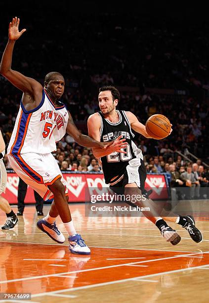 Zach Randolph of the New York Knicks guards Manu Ginobili of the San Antonio Spurs on February 8, 2008 at Madison Square Garden in New York City....