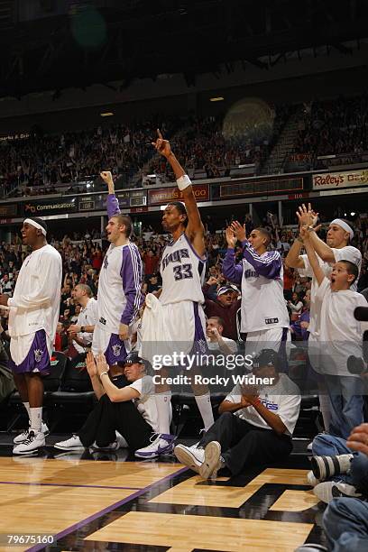 The Sacramento Kings celebrate against the Utah Jazz at ARCO Arena February 8, 2008 in Sacramento, California. NOTE TO USER: User expressly...