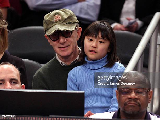 Woody Allen and daughter Bechet Dumaine Allen attend San Antonio Spurs vs NY Knicks game at Madison Square Garden in New York City on February 8,...