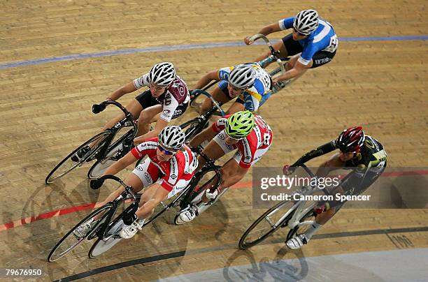 Stephanie Morton of South Australia leads the pack during the Womens' Keirin final during day six of the 2008 Australian Track Championships held at...