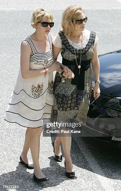 Michelle Williams and Kate Ledger arrive at the Memorial Service for Heath Ledger at Penrhos College on February 9, 2008 in Como, Australia. The late...