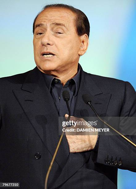 People's Party for Freedom leader Silvio Berlusconi delivers a speech during a meeting in Milan, on February 9, 2008. Italy's Silvio Berlusconi said...