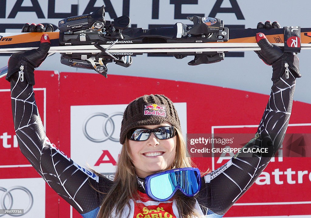 US Lindsey Vonn celebrates on the podium