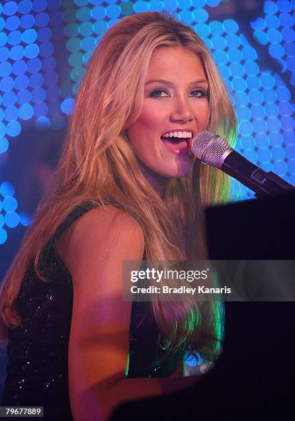 Delta Goodrem performs live at the official launch of the new 'David Jones' store in Queensplaza on February 9, 2008 in Brisbane, Australia.