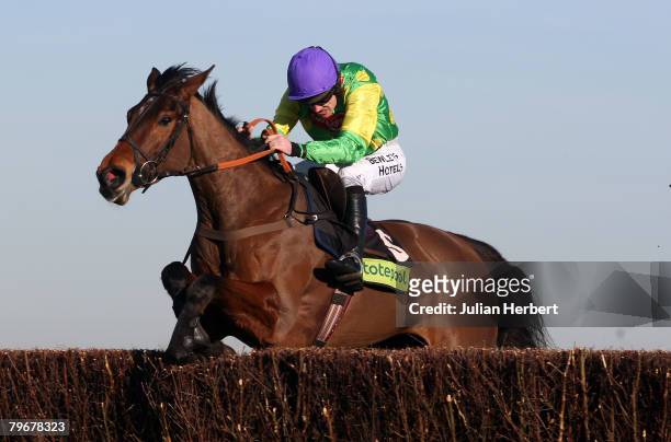 Ruby Walsh and Master Minded clears the last fence to land The Totepool Game Spirit Steeple Chase Race run at Newbury Racecourse on February 9 in...