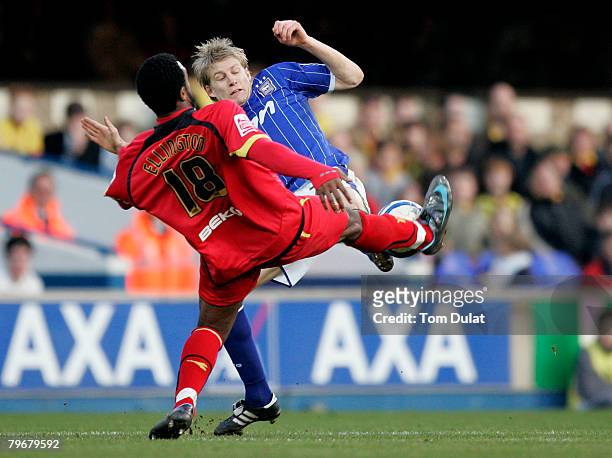 Dan Harding of Ipswich Town and Nathan Ellington of Watford reach for the ball during the Coca Cola Championship match between Ipswich Town and...