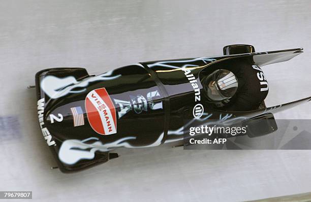 Shauna Rohbock and Valerie Fleming of the US compete to place third in the women's two-man sled event of the Bobsleigh World Cup in the western...