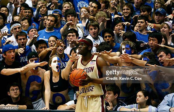 The Cameron Crazies heckle Biko Paris of the Boston College Eagles during the first half at Cameron Indoor Stadium on February 9, 2008 in Durham,...