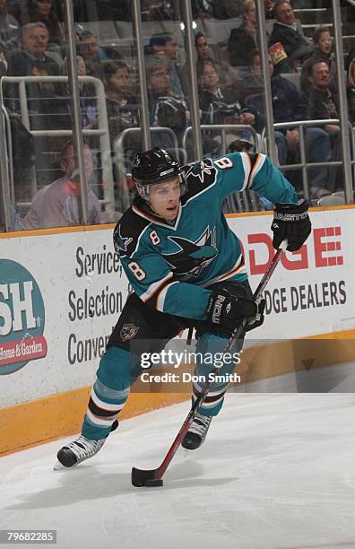 Joe Pavelski of the San Jose Sharks controls the puck during an NHL game vs. The Colorado Avalanche on February 6, 2008 at HP Pavilion at San Jose in...