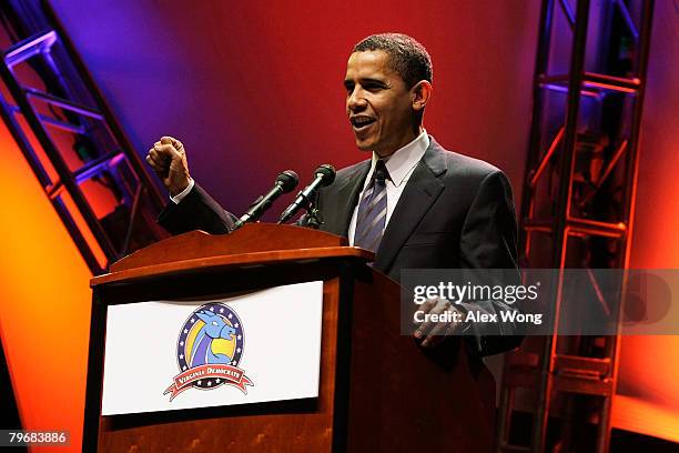 Democratic presidential hopeful U.S. Sen. Barack Obama addresses the Democratic Party of Virginia's Jefferson-Jackson Dinner at the Alltel Pavilion...