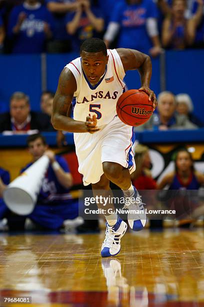 Rodrick Stewart of the Kansas Jayhawks picks up a loose ball against the Baylor Bears on February 9, 2008 at Allen Fieldhouse in Lawrence, Kansas....