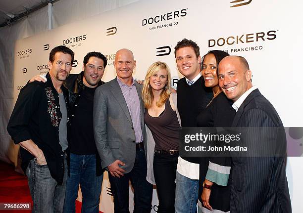 Members of the band "Band from TV" pose for a photo with President of Levi Strauss, Robert Hanson, Vice President of Marketing for Dockers brand,...