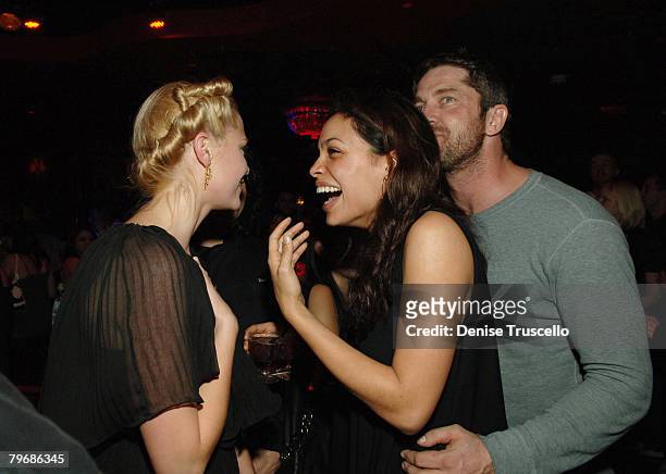 Actress Jaime King, actress Rosario Dawson and actor Gerard Butler attend Frank Miller's birthday party at CatHouse at Luxor on February 9, 2008 in...