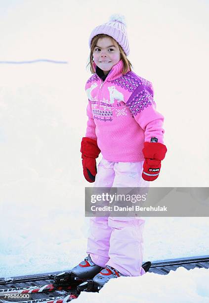 Countess of Orange Leonore rides in skis as she poses for photographs at the start of their annual Austrian skiing holiday on February 10, 2008 in...