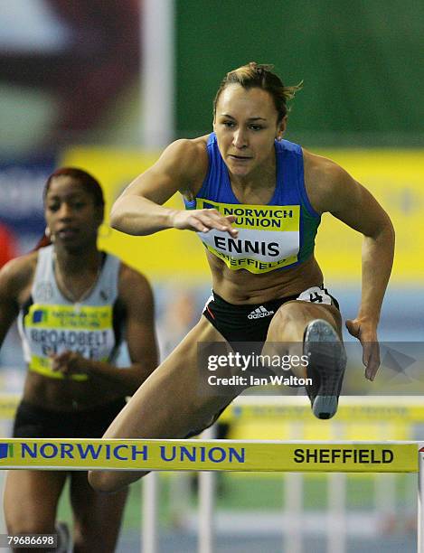 Jessica Ennis in action in the Women's 60 metres hurdles heats during the Norwich Union World Trials & UK championships at The English Institute of...
