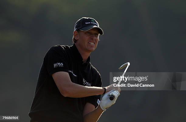 Maarten Lafeber of the Netherlands hits his second shot at the 14th hole during the final round of the Emaar-MGF Indian Masters at the Delhi Golf...