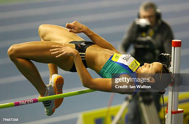 Jessica Ennis in action in the Women's high jump heats during the Norwich Union World Trials & UK championships at The English Institute of Sport on...