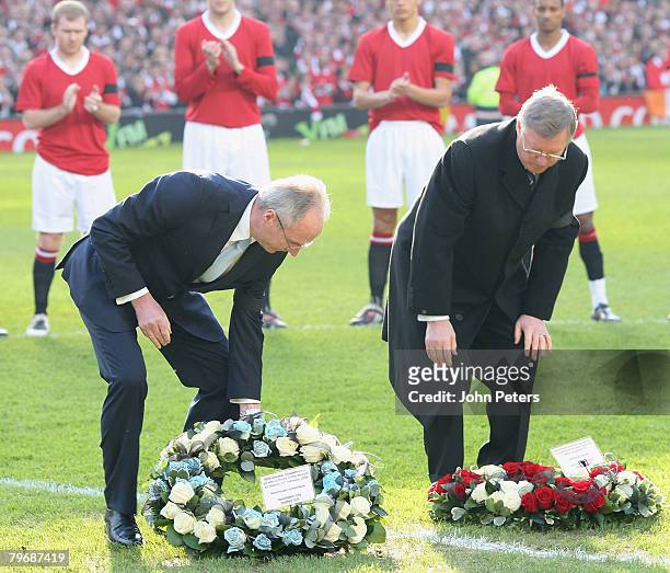 Sir Alex Ferguson of Manchester United and Sven-Goran Eriksson of Manchester City lay wreaths in memory of the 23 victims of the Munich Air Disaster...